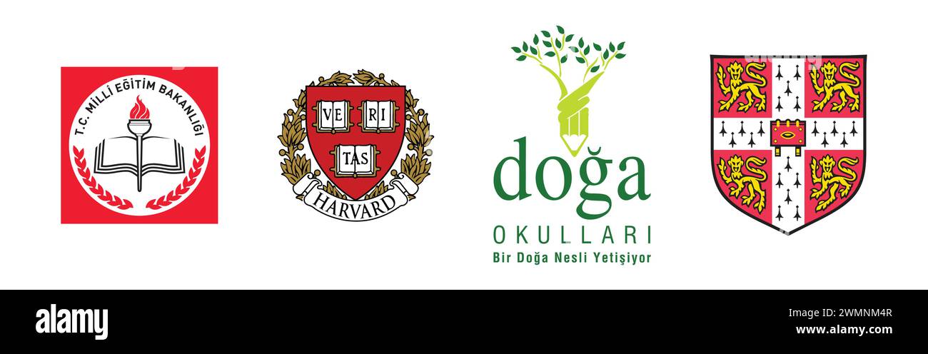 Doga Okullari, University of Cambridge, MEB, Harvard University. Popular brand logo collection. Stock Vector