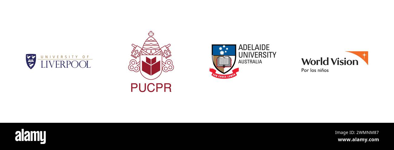 PUCPR, World Vision, University of Liverpool , Adelaide University. Popular brand logo collection. Stock Vector