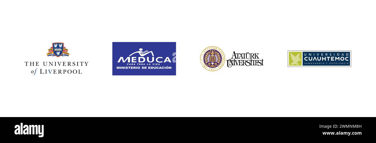Universidad Cuauhtemoc, The University of Liverpool, MEDUCA, Erzurum Atatürk Üniversitesi . Popular brand logo collection. Stock Vector