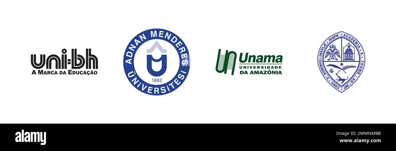 Unama, Universidad Autonoma de Santo Domingo, UNI-BH, Adnan Menderes Üniversitesi. Popular brand logo collection. Stock Vector