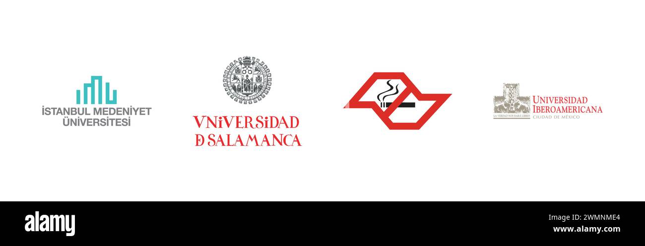 ?stanbul Medeniyet Üniversitesi, Universidad Iberoamericana, Lei anti-fumo SP, Universidad de Salamanca. Popular brand logo collection. Stock Vector