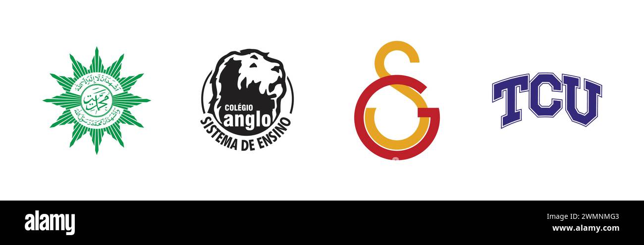 COLÉGIO ANGLO, TCU, Galatasaray Lisesi, Muhammadiyah. Popular brand logo collection. Stock Vector