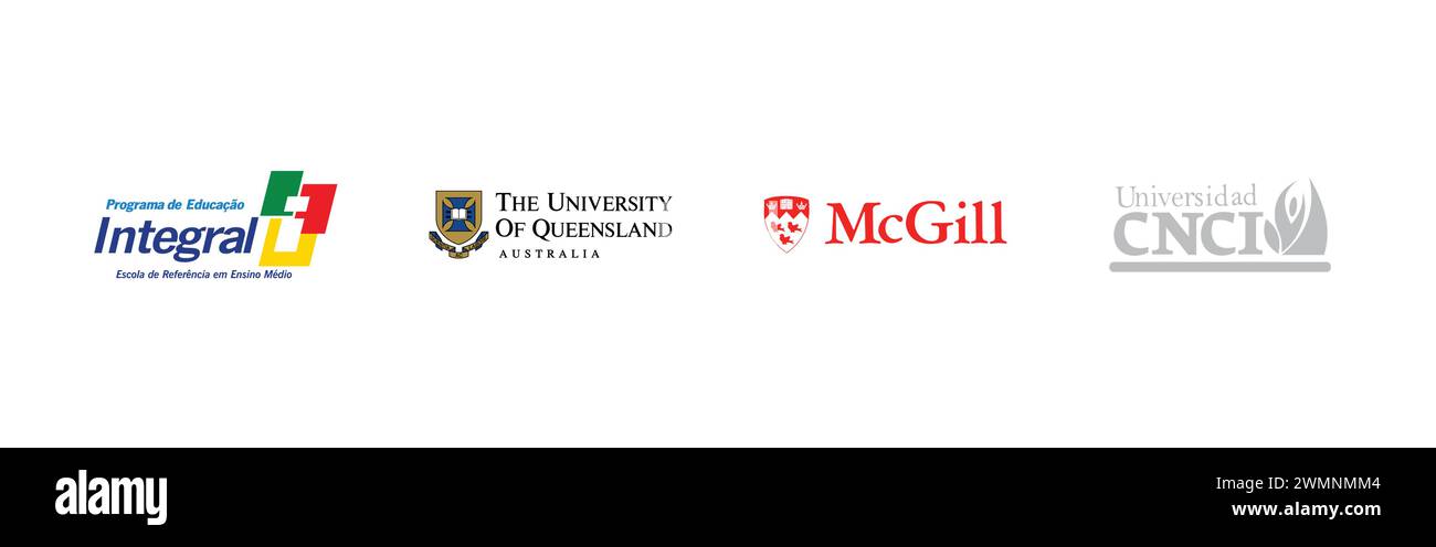 Universidad CNCI, Programa de Ensino Integral, McGill University, The University of Queensland UQ. Popular brand logo collection. Stock Vector