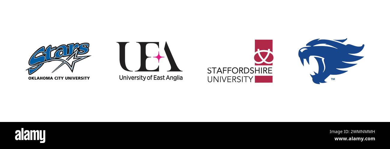 OCU Stars, University of Kentucky Wildcat, University of East Anglia, Staffordshire University. Popular brand logo collection. Stock Vector