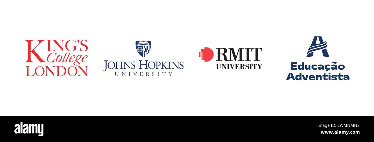 Educacao Adventista, RMIT University, Kings College London, JHU Johns Hopkins University. Popular brand logo collection. Stock Vector