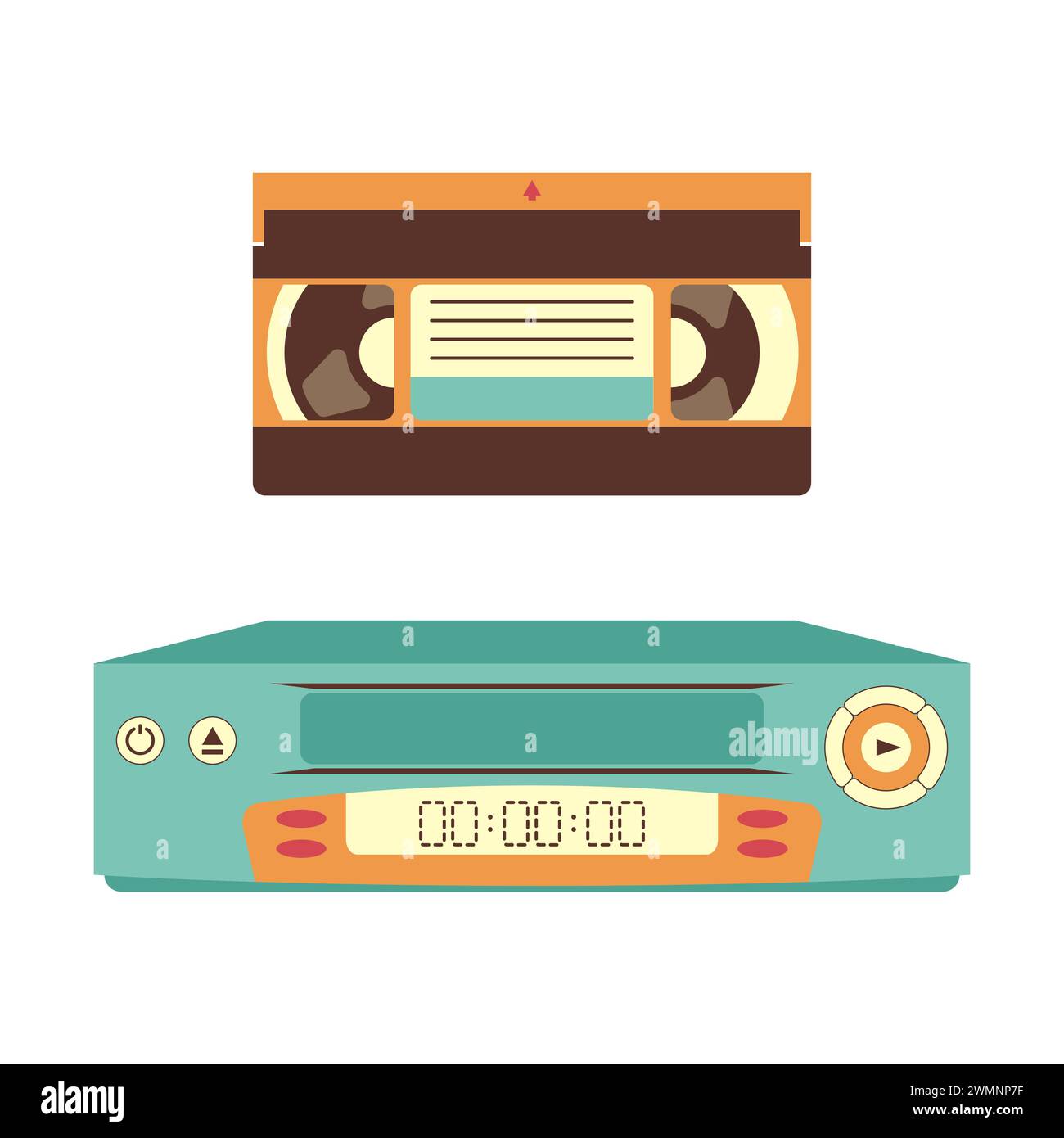 VCR and video cassettes. Technologies of the 90s. Vector illustration