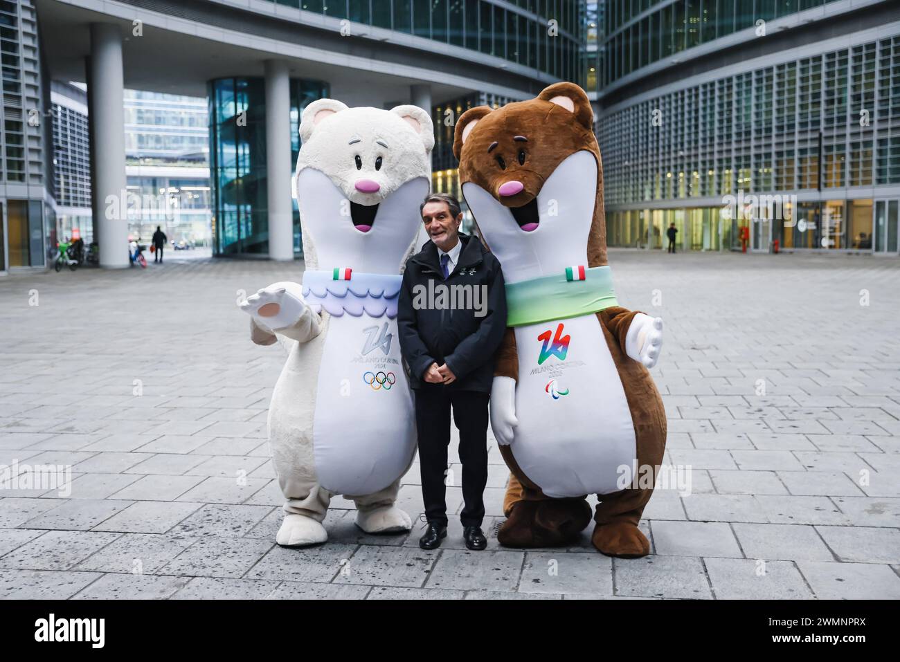 Milan, Italy. 27th Feb, 2024. Milan, the president of the Lombardy Region Attilio Fontana welcomes the mascots Tina and Milo of the XXV Milan Cortina 2026 Olympic and Paralympic Winter Games in Piazza Città di Lombardia. In the photo: The mascots with the President of the Lombardy Region Attilio Fontana Credit: Independent Photo Agency/Alamy Live News Stock Photo