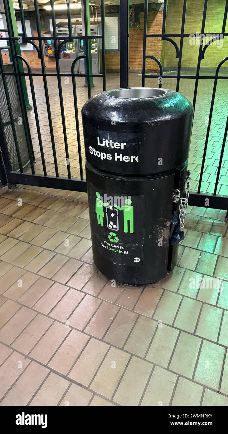 Feb 22, 2024 - New York, NY: Trash container on subway platform Stock Photo