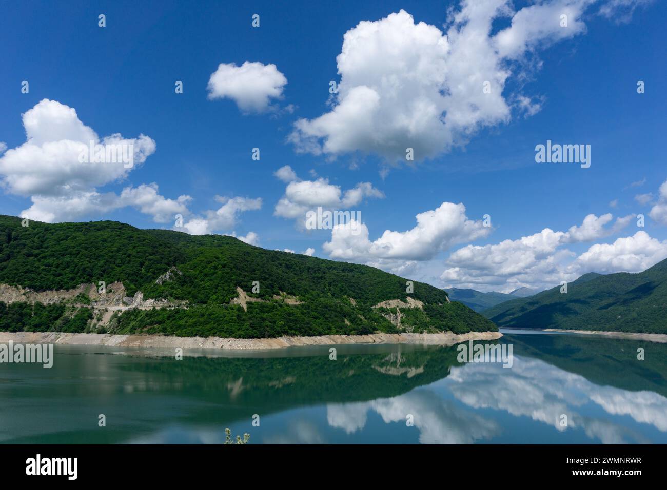 View of Schinvali dam and reservoir, Ananuri Lake, Georgia Stock Photo