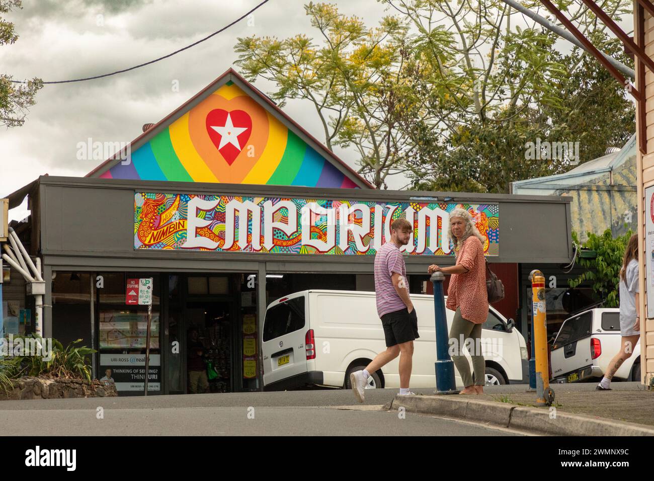 Part of the colourful main street in Nimbin, an artsy tourist town and renowned 'hippie' destination. Stock Photo