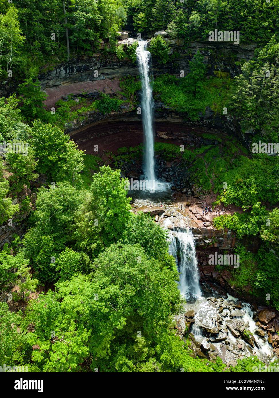 Elevated view drone photography of Kaaterskill Falls a two-stage waterfall on Spruce Creek in the eastern Catskill Mountains of New York, between the Stock Photo