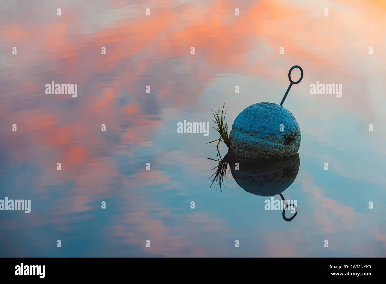 As the sun sets, painting the sky in hues of pink and orange, a solitary blue buoy floats gently on the still surface of a tranquil lake in Sweden. Th Stock Photo