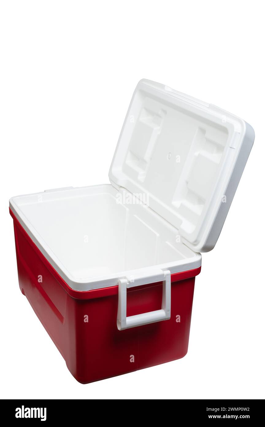 Plastic open fridge for beverage  perspective view isolated Stock Photo