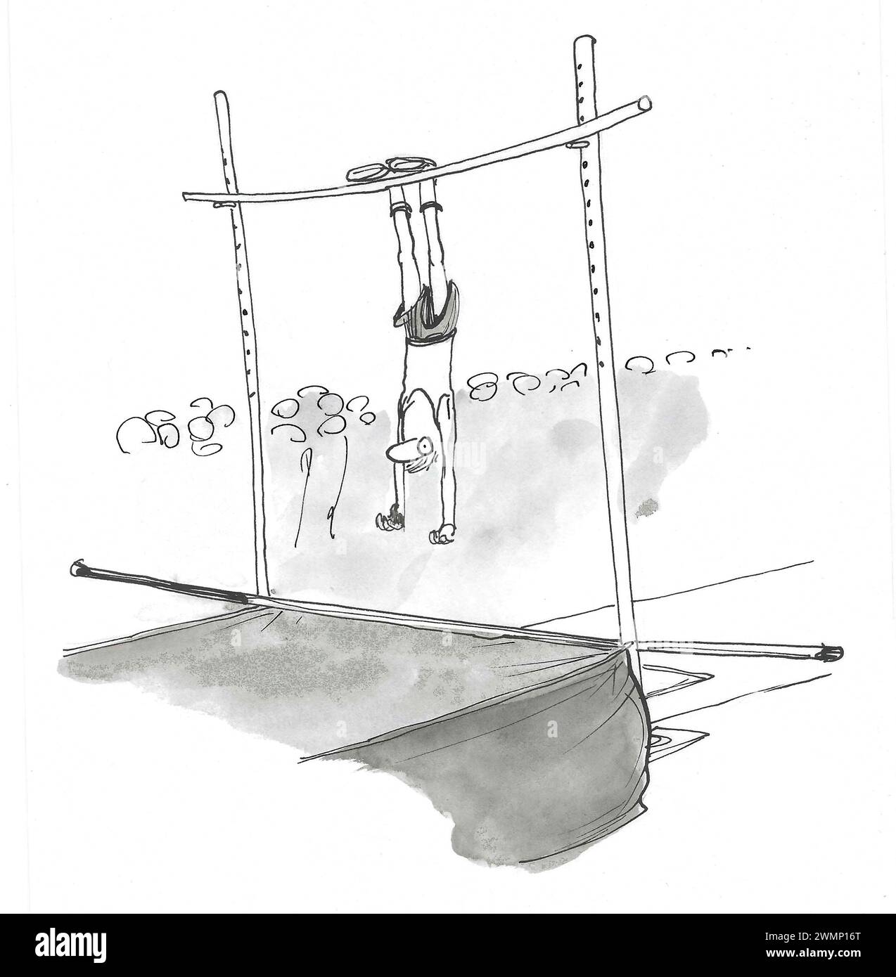 BW cartoon of a pole vaulter whose pole missed and he ended up hanging on the cross stand. Stock Photo