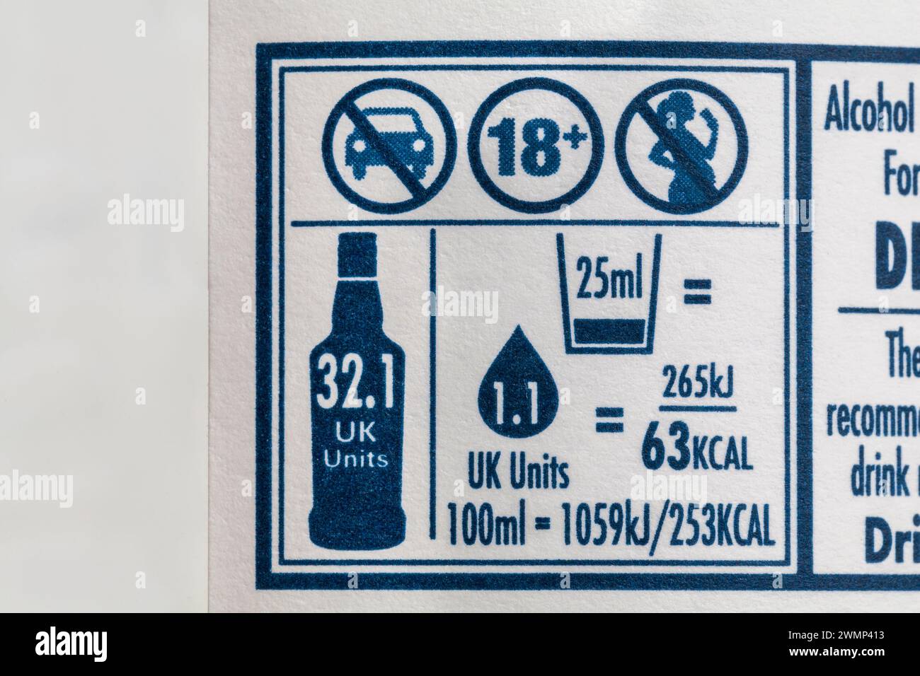 symbols detail on bottle of Talisker Skye single malt Scotch Whisky, including alcohol units Stock Photo