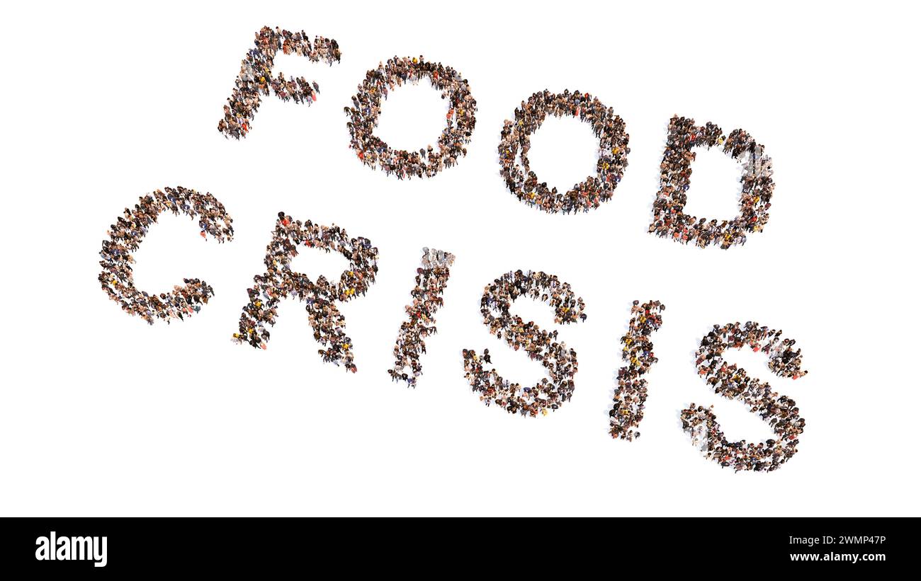 Concept or conceptual large community of people forming the FOOD CRISIS message. 3d illustration metaphor for food shortages  due to recession, war Stock Photo