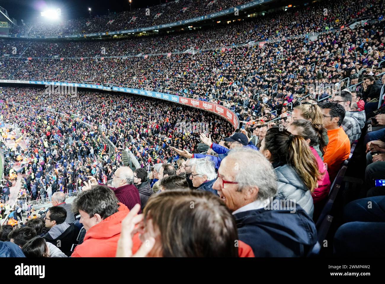 CROWD ERUPTS, FINAL WHISTLE, BARCELONA FC, TITLE CELEBRATION 2019: Barcelona fans at Camp Nou celebrate winning the La Liga title in style. The final game of the La Liga 2018-19 season in Spain between Barcelona FC and Levante at Camp Nou, Barcelona on 27 April 2019. Barca won the game 1-0 with a second half Messi goal to clinch back-to-back La Liga titles and their eighth in 11 years. Stock Photo