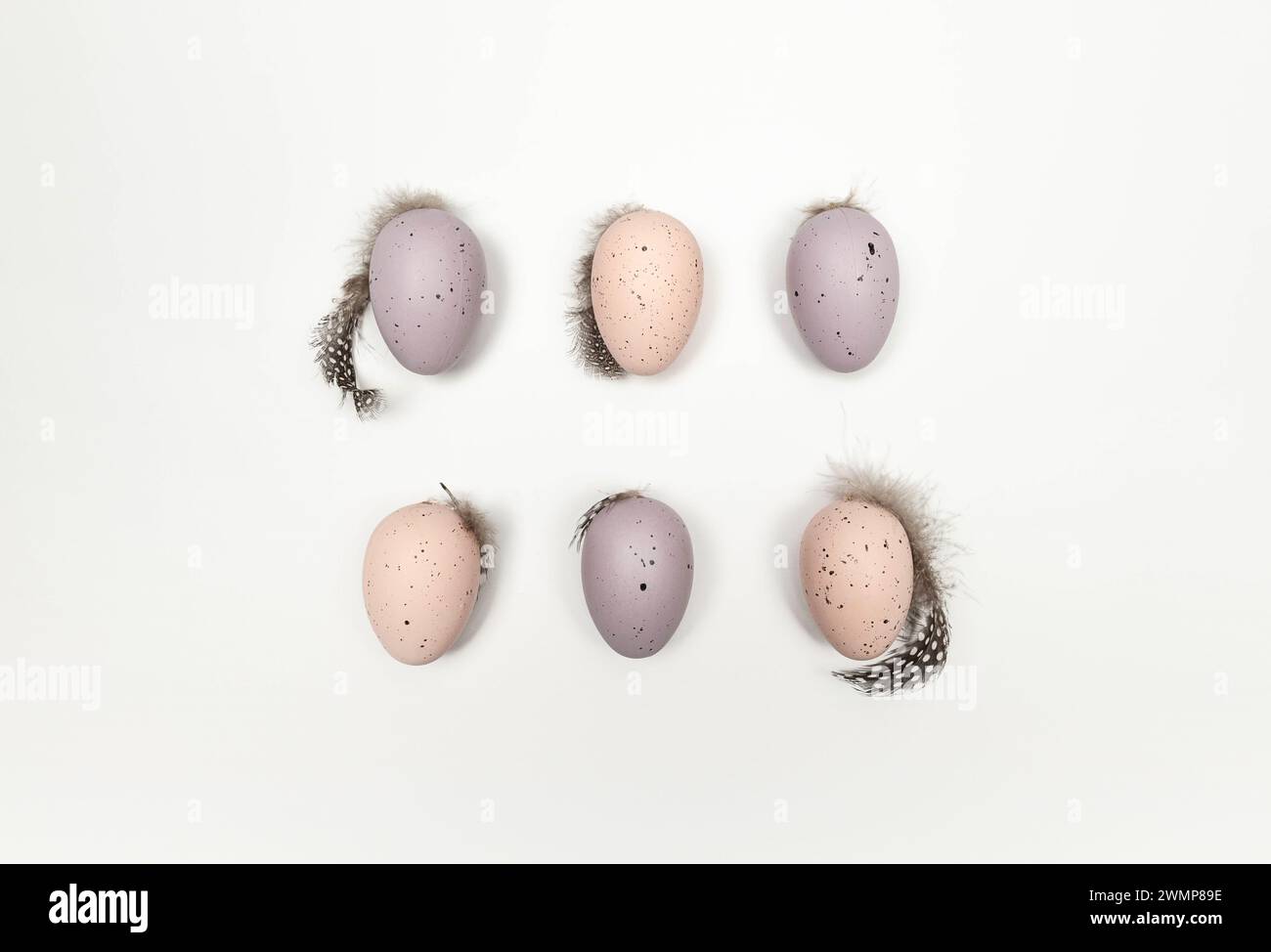 Top view of six colourful easter eggs on white background. Creative easter composition, spring, copy space, flat lay. Stock Photo