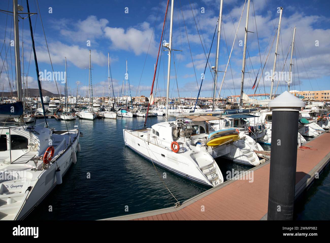 catamarans and yachts in the marina at Corralejo, fuerteventura, Canary Islands, spain Stock Photo