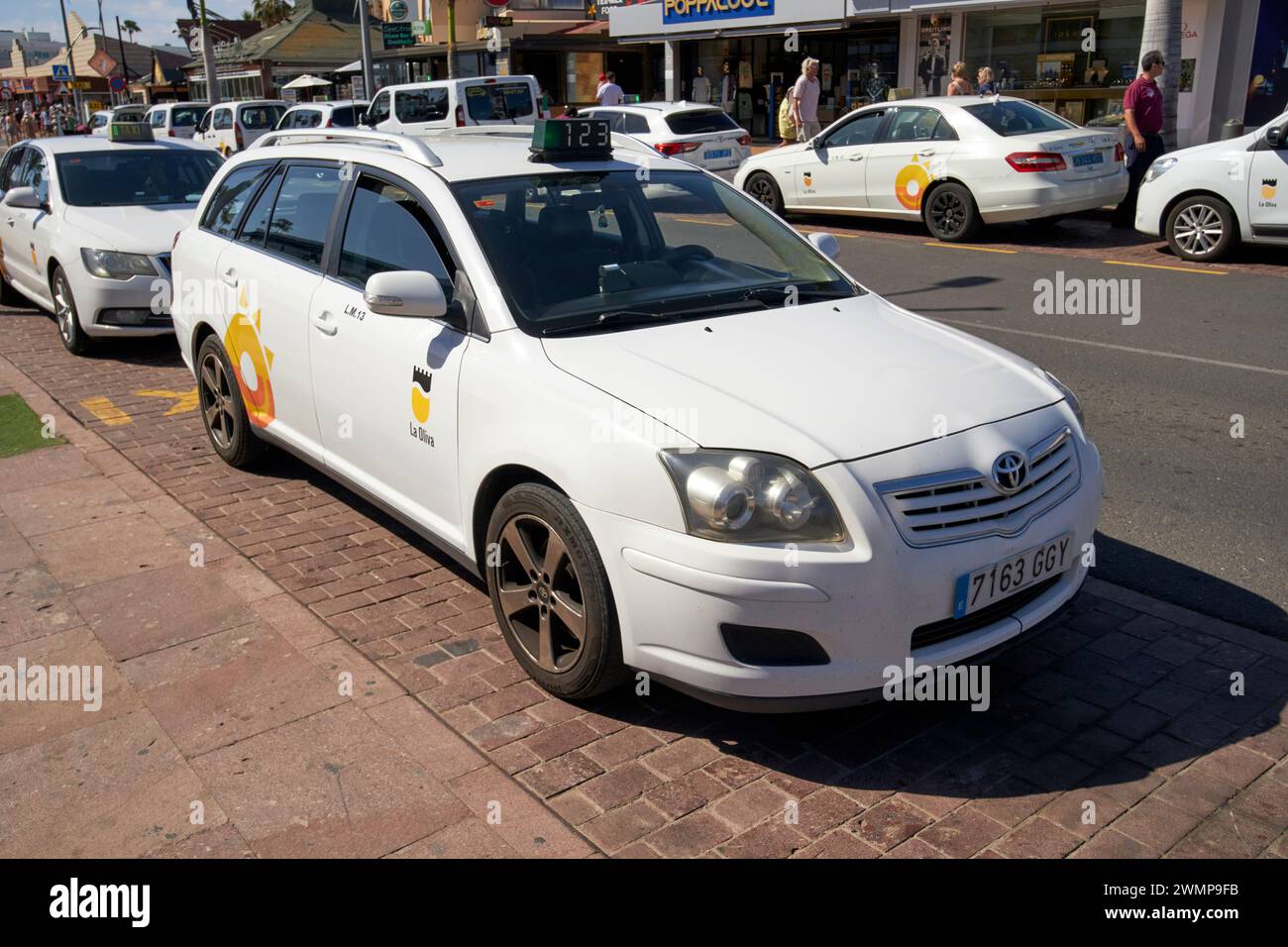 la olivia taxi on taxi rank in downtown Corralejo, fuerteventura, Canary Islands, spain Stock Photo