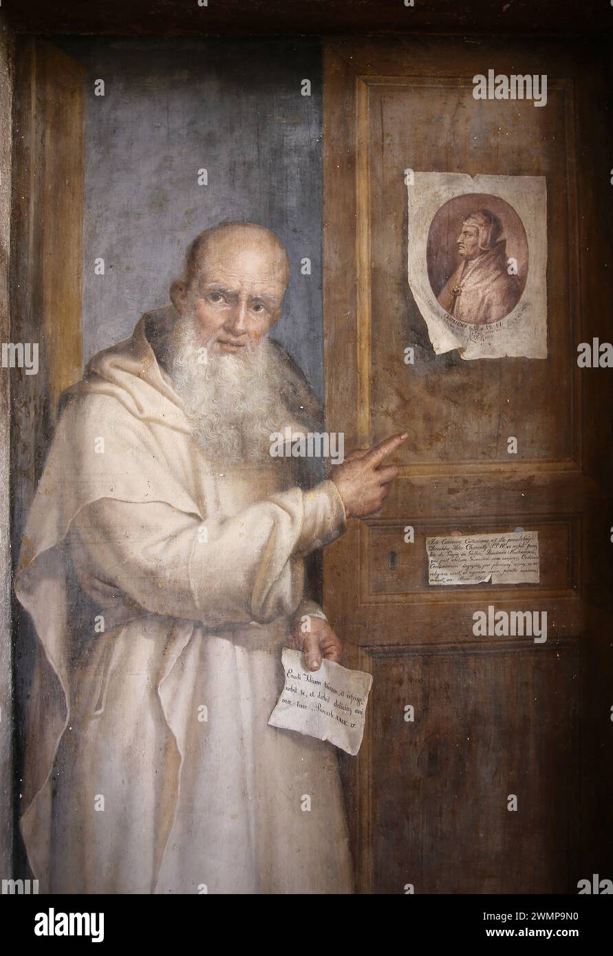 Wall and Wood oil painting, 1855 by Filippo Balbi (1806-1890). Detail of Carthusian monk. National Roman Museum (Baths of Diocletian). Rome. Italy. Stock Photo