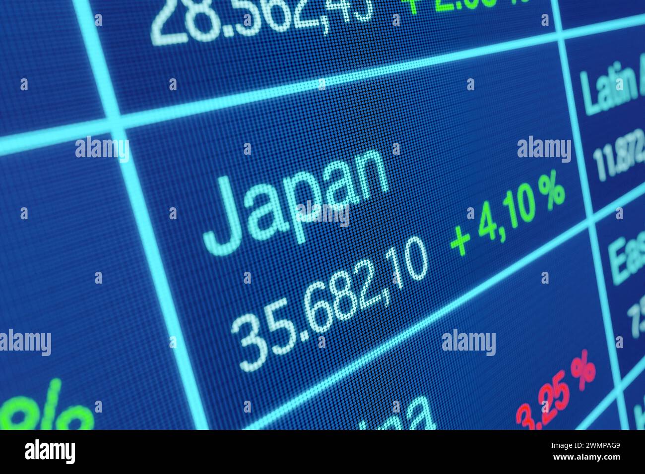 Japoan stock market moving up. Positive percentage index change. Japan stock market, percentage index change. Rising japanese stock market index. Inve Stock Photo