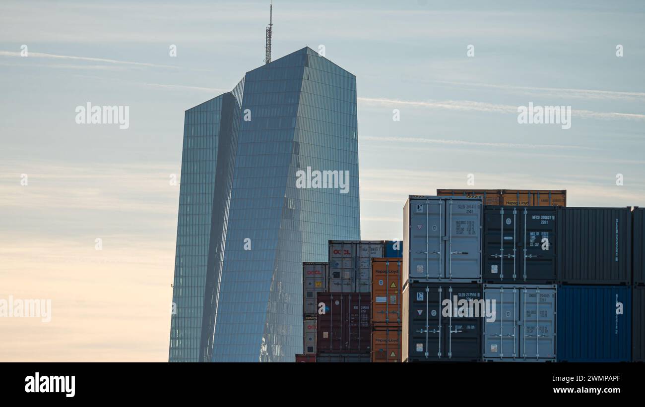 A scenic view of a modern skyscraper at sunset in Frankfurt am Main, Germany Stock Photo