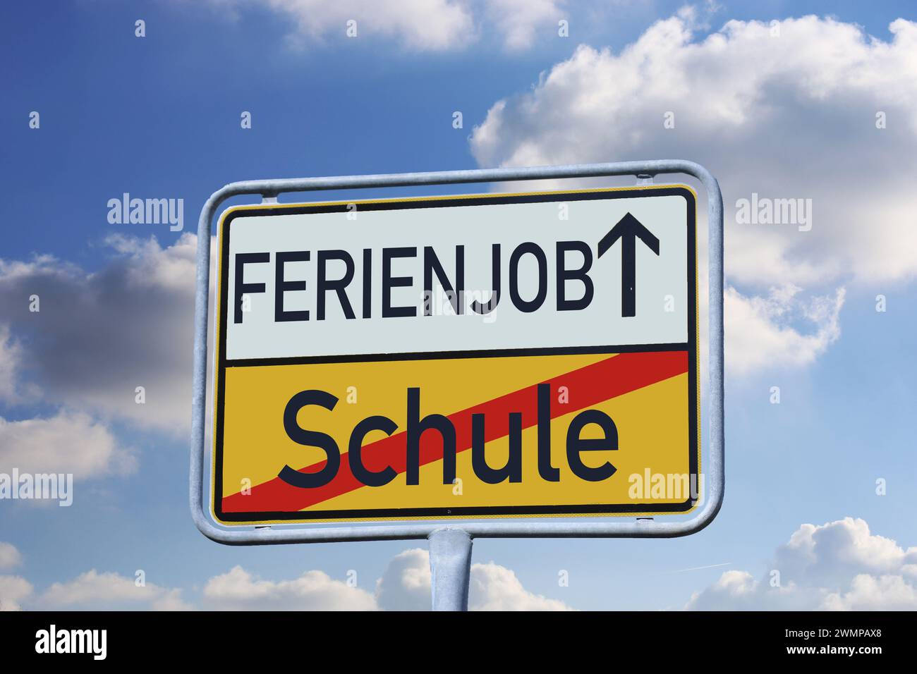 Symbol image holiday job: Town exit sign with the german words SCHULE (school) and FERIENJOB (holiday job), Composing Stock Photo