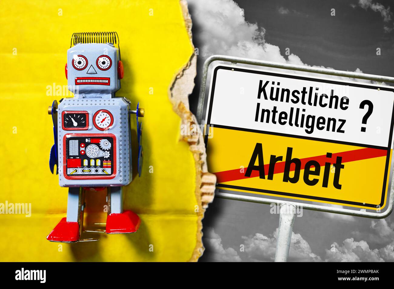 Robot Figure And Town Sign With The Inscription Artificial Intelligence And The Crossed-out Inscription Work, Photomontage Stock Photo