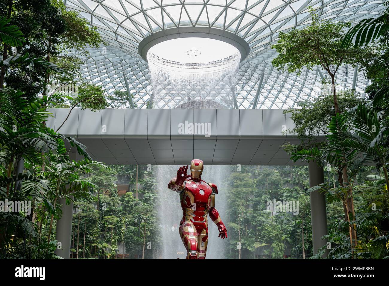16.07.2023, Singapore, Republic of Singapore, Asia - View of Shiseido Forest Valley indoor garden with Rain Vortex indoor waterfall at Jewel Changi. Stock Photo