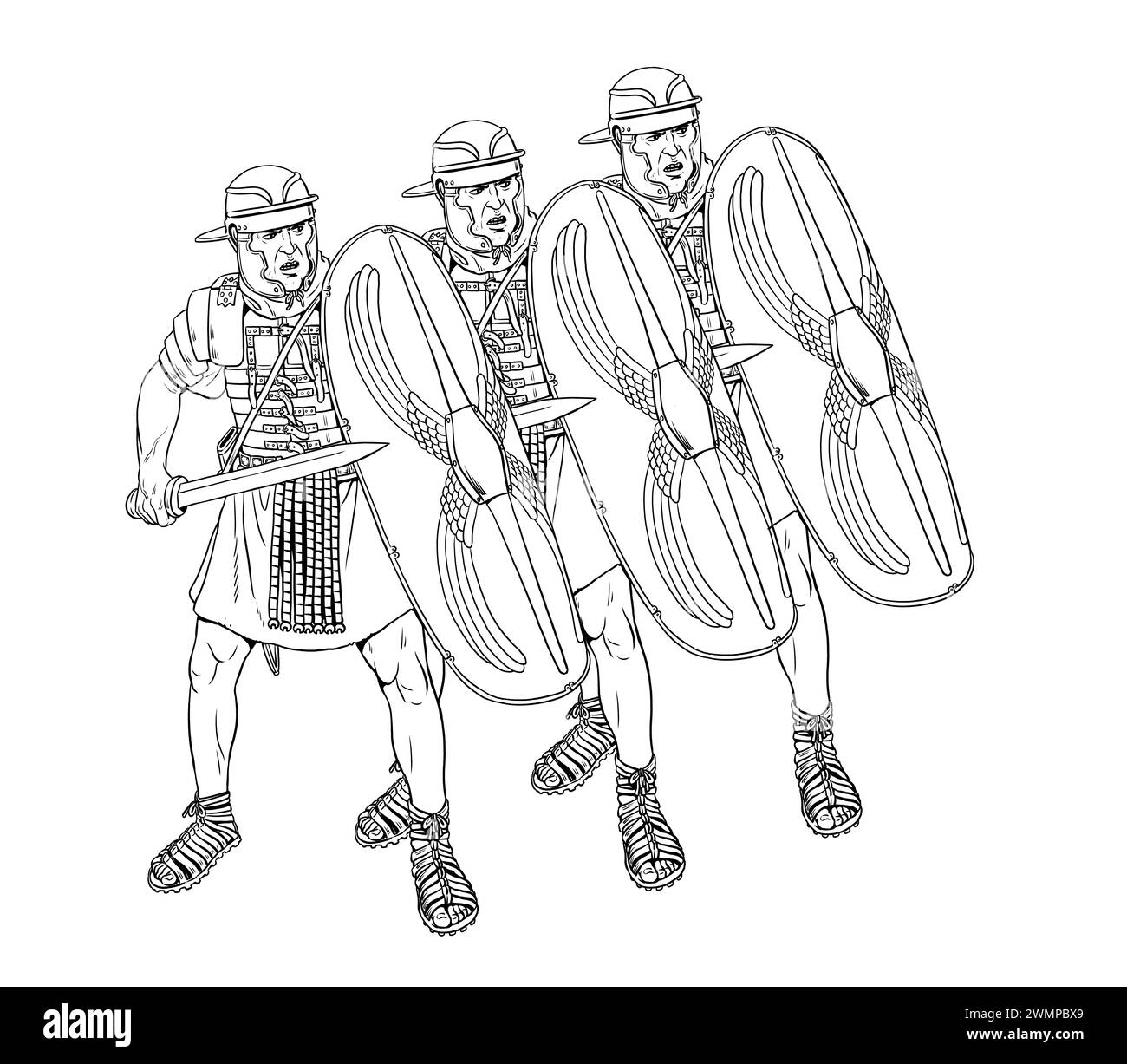 Attack of the Roman legionaries. Ancient battle. Historical drawing. Stock Photo