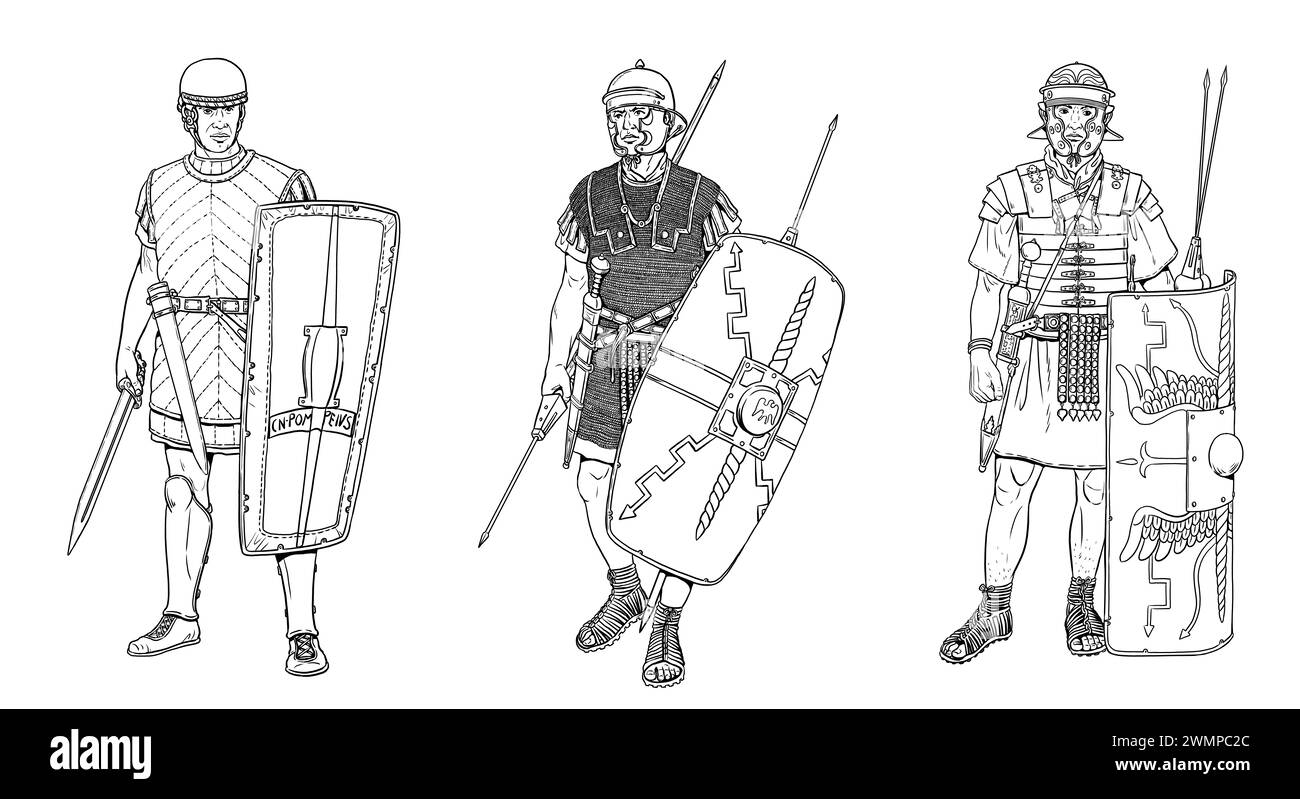 Roman legionnaires from different times. Historical drawing. Stock Photo