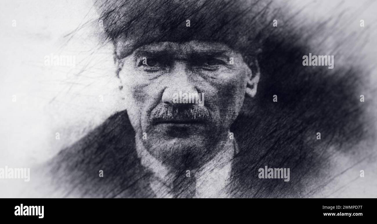 Portrait Drawing. Mustafa Kemal Ataturk, Founder of the Republic of Turkey. Stock Photo