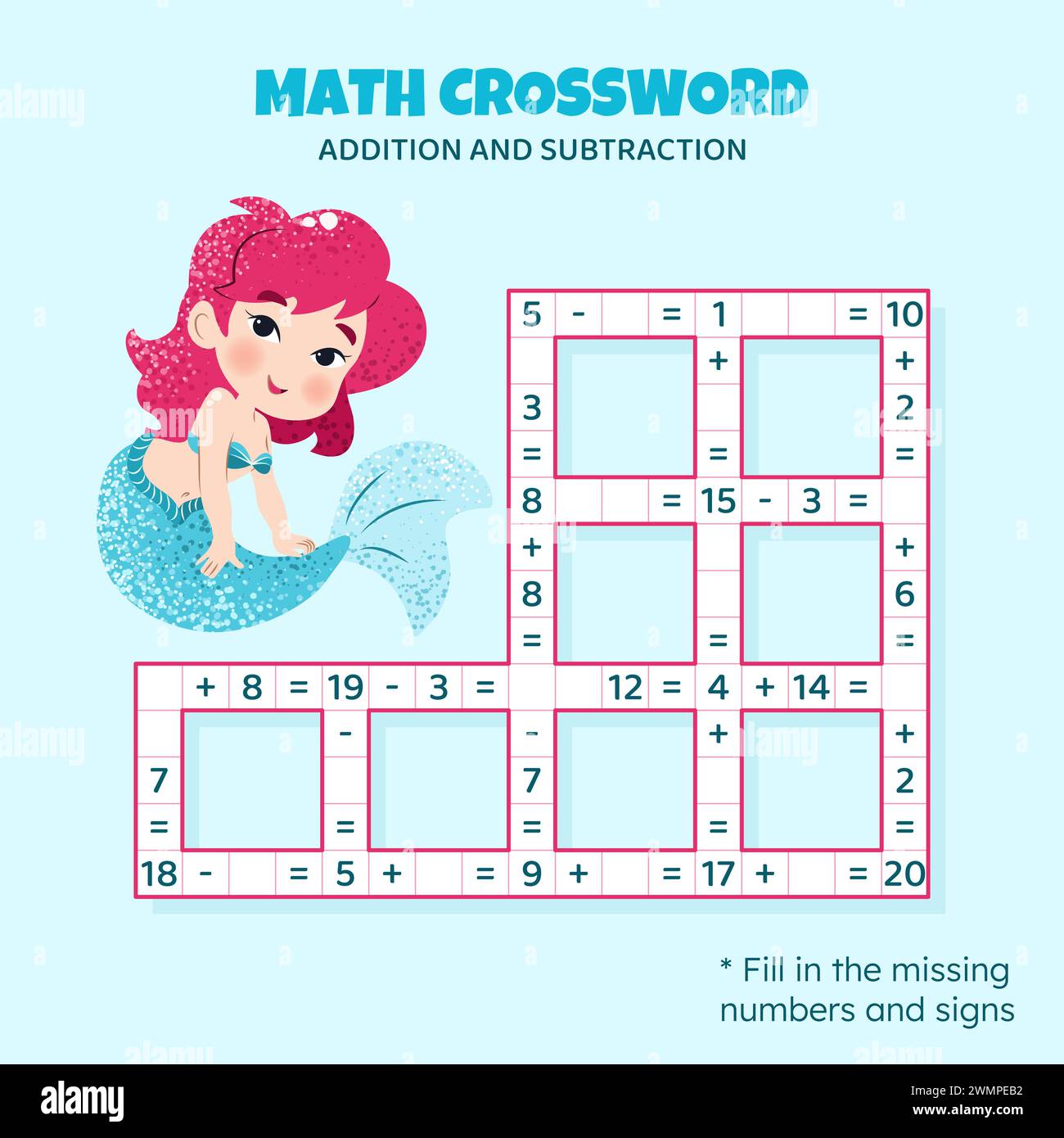 Math Crossword puzzle. Addition and subtraction. Stock Vector