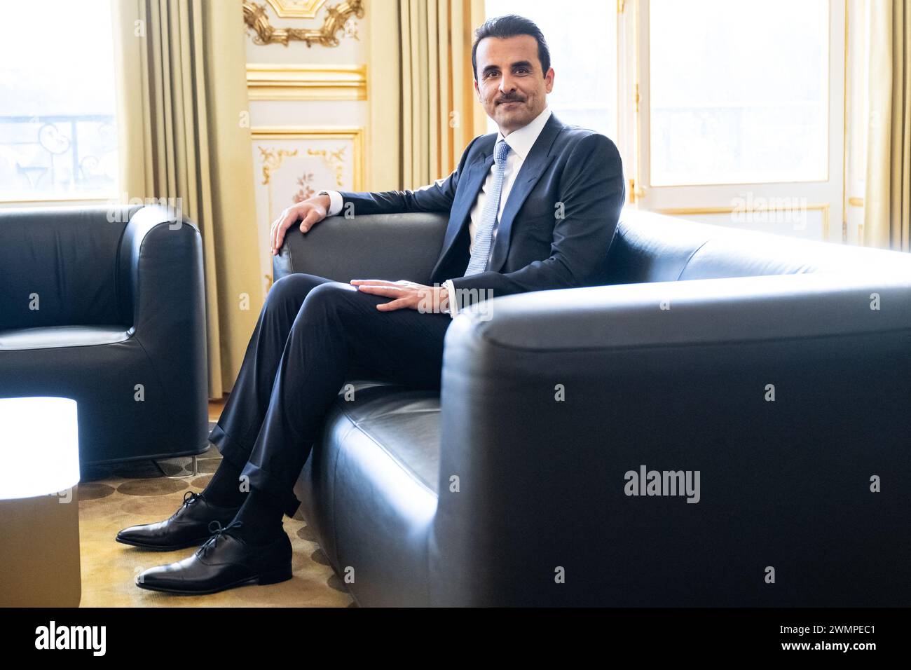 Paris, France. 27th Feb, 2024. French President meets with Qatar's Emir Sheikh Tamim bin Hamad al-Thani at the Elysee Palace, in Paris, France on February 27, 2024. Macron and the Emir of Qatar take stock of current efforts to secure a ceasefire and the release of hostages in Gaza, as well as ways of speeding up the implementation of a Palestinian state in order to bring a lasting end to the conflict. Photo by Eric Tschaen/Pool/ABACAPRESS.COM Credit: Abaca Press/Alamy Live News Stock Photo