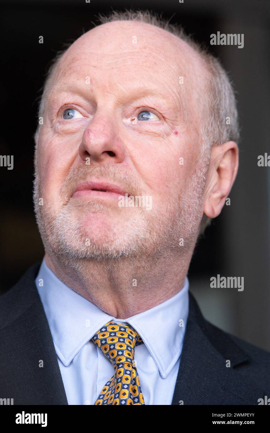 London, UK. 27 Feb 2024. Former SubPostmaster Alan Bates speaks to
