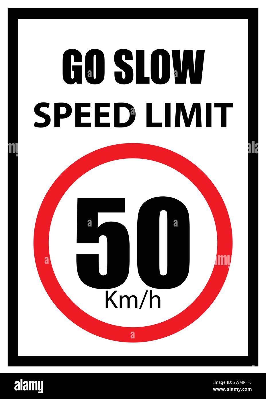 Speed Limit Board, 50 km/h sign, Go slow, Speed Limit Sign with red border Stock Vector