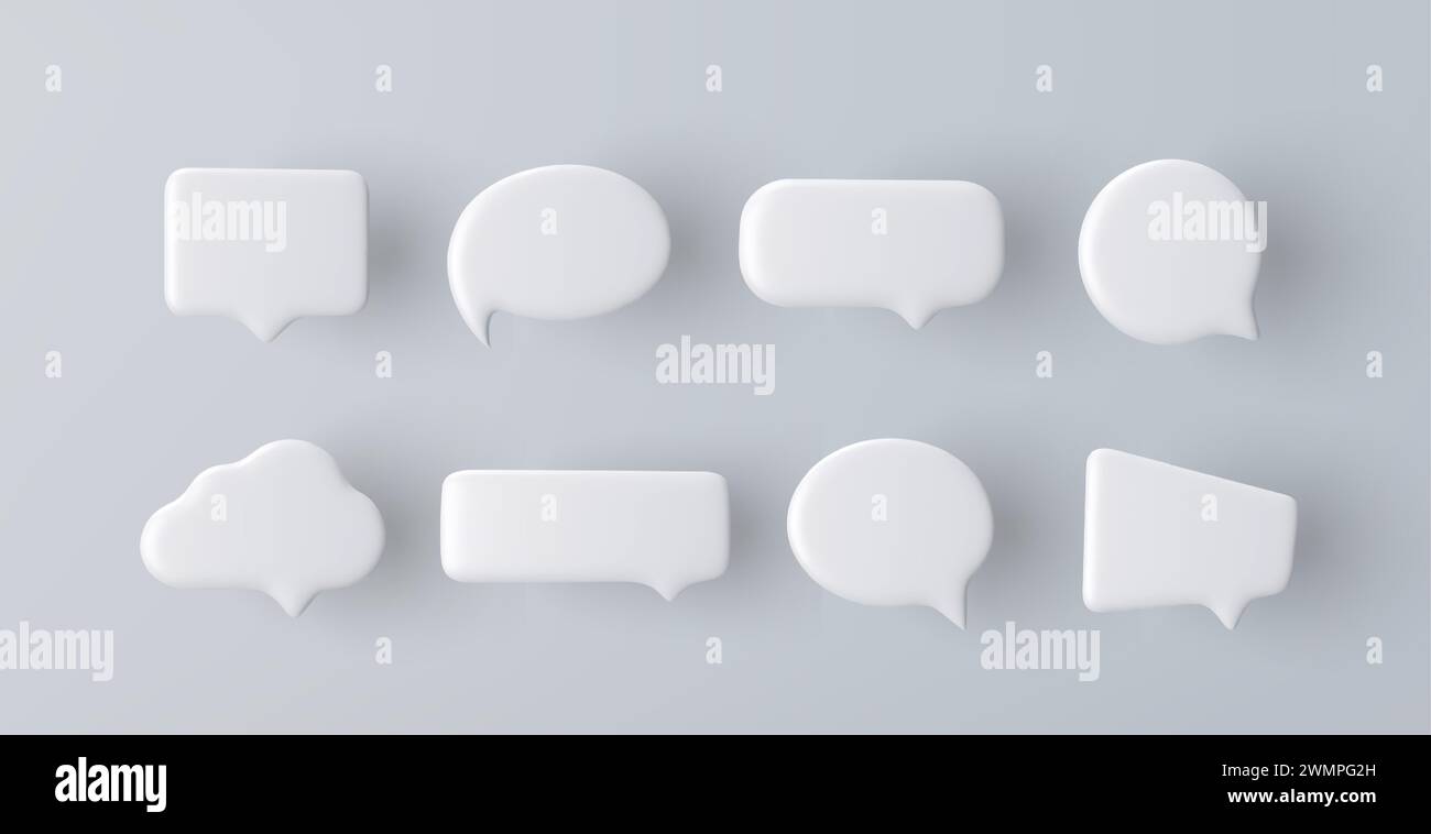 3D white speech bubble icon set on a grey background Stock Vector