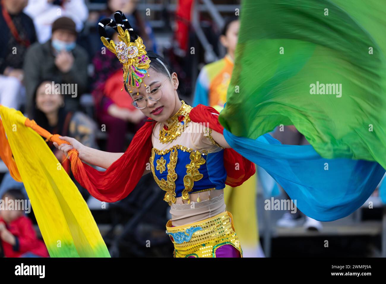 Entertainers thrill the crowds at Year of the Dragon 2024 Chinese New Year Festival and Parade, San Francisco, California. Stock Photo
