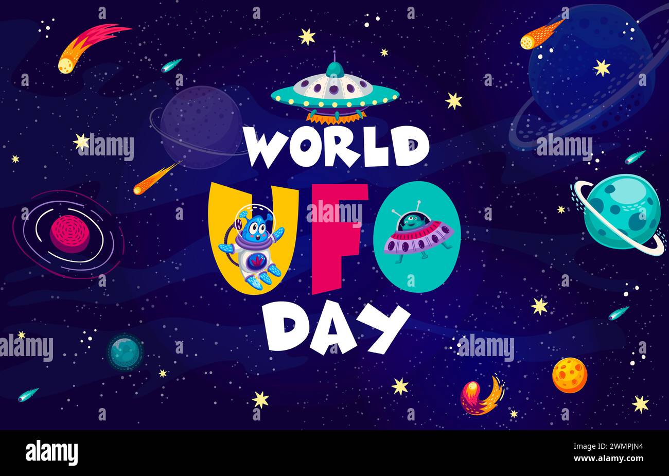 World UFO day poster with alien Martian and saucer in space galaxy ...
