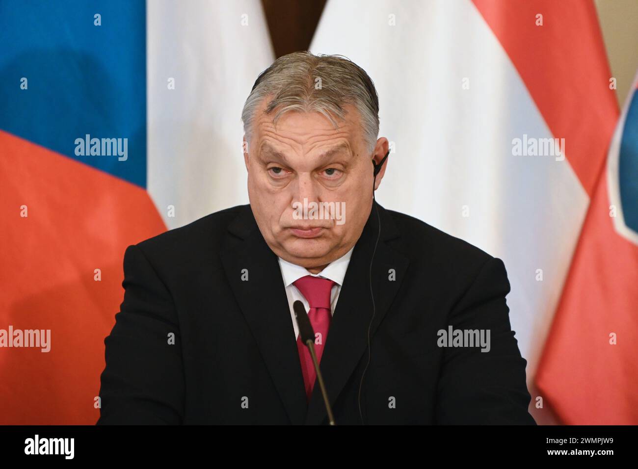 Hungarian prime minister, Viktor Orban is seen during a joint press conference after summit of the Visegrad Group (V4) in Prague. Prime ministers of the Czech Republic, Slovakia, Poland and Hungary meets at the summit of the Visegrad Group (V4) hosted by the current Czech presidency group. The main topics discussed during the summit are energy security, strategic agenda of European Union, support of Ukraine during Russian invasion. Visegrad group (V4) was established in 1991 and consists of 4 countries from Central Europe: Czech republic, Slovakia, Hungary and Poland. Stock Photo