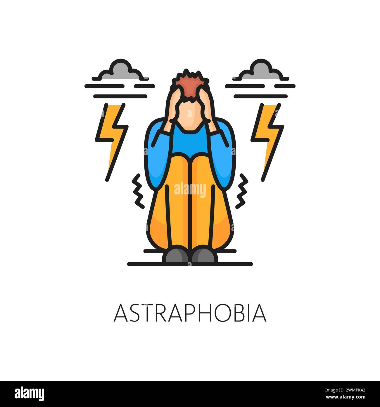 Human phobia icon of astraphobia or fear of thunder lightning, vector