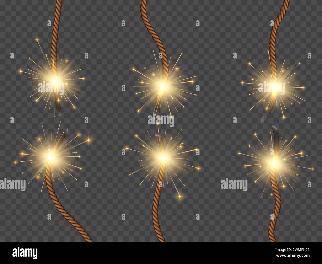 Bomb burning wicks or dynamite fuses with fire flame lit, isolated vector on transparent background. Firework or firecracker ignition ropes with sparks, TNT explosive detonator wicks or dynamite fuses Stock Vector