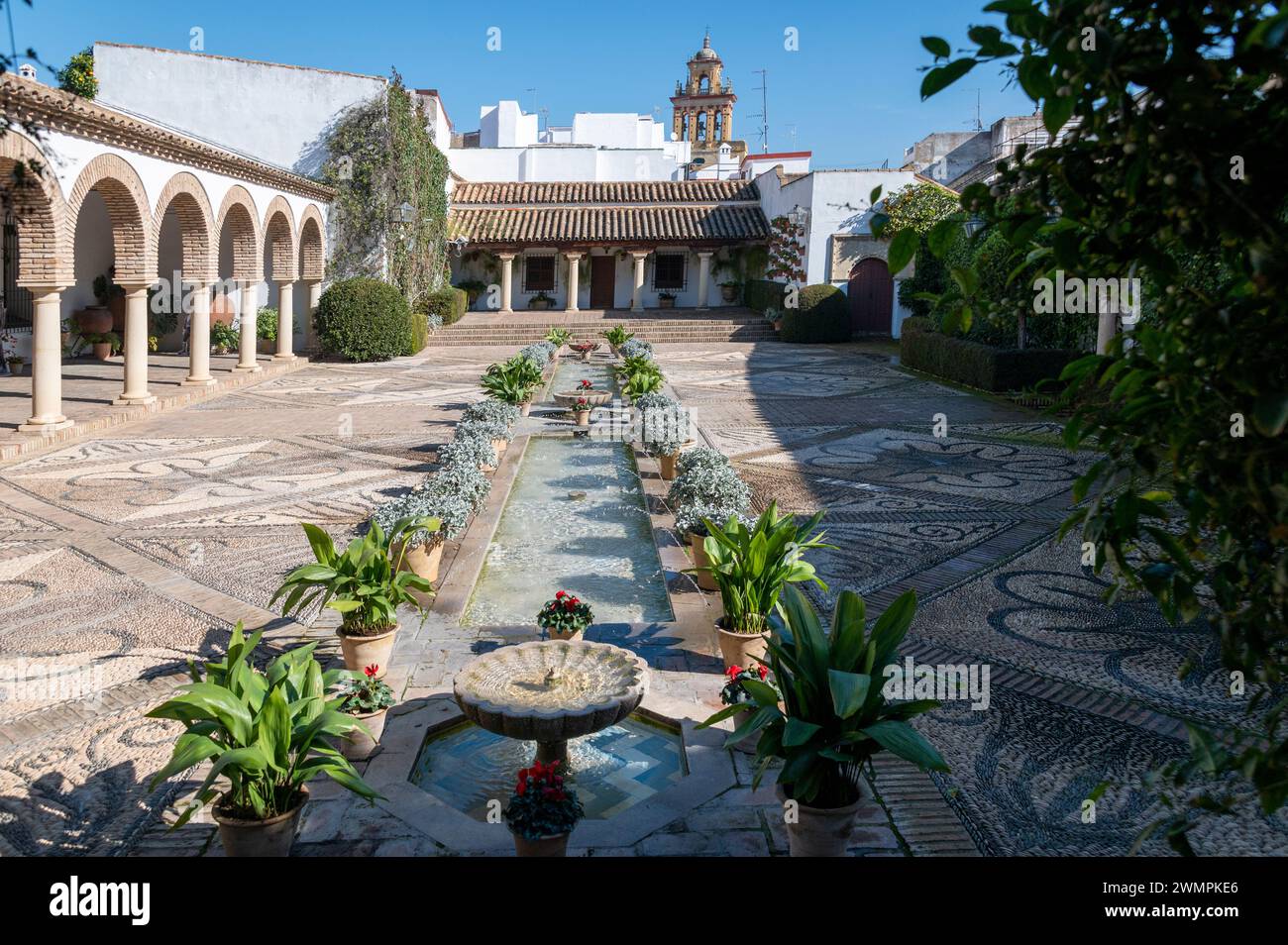 One of the largest of the twelve patios (courtyards) with a long oblong-shaped pond is the Patio de las Columnas (Courtyard of the Columns)  at the Pa Stock Photo