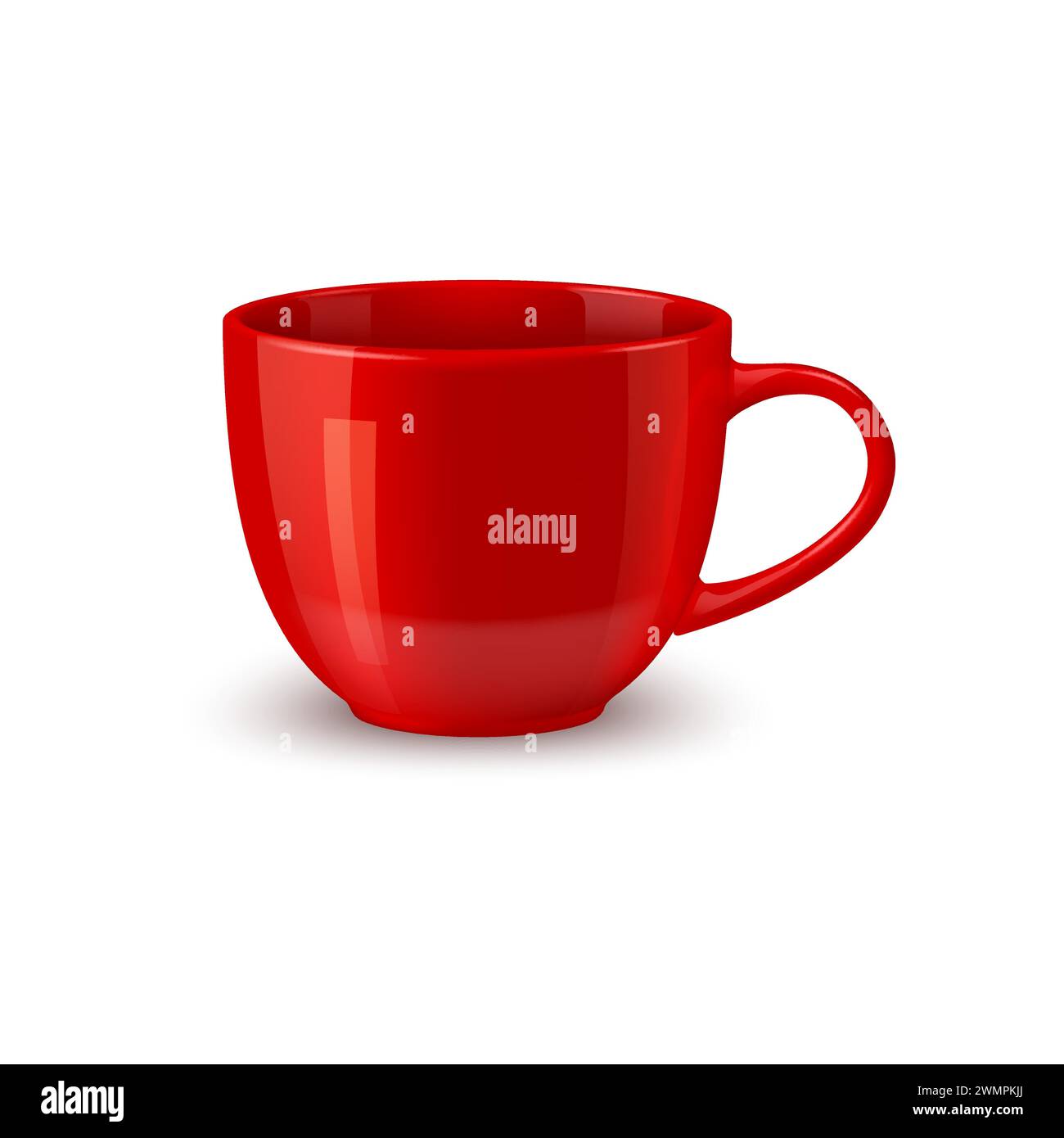 Red ceramic coffee mug and tea cup mockup, realistic tableware. Isolated 3d vector glossy bowl, boasts a sleek design with a comfortable handle. Its rich scarlet hue adds warmth to morning ritual Stock Vector