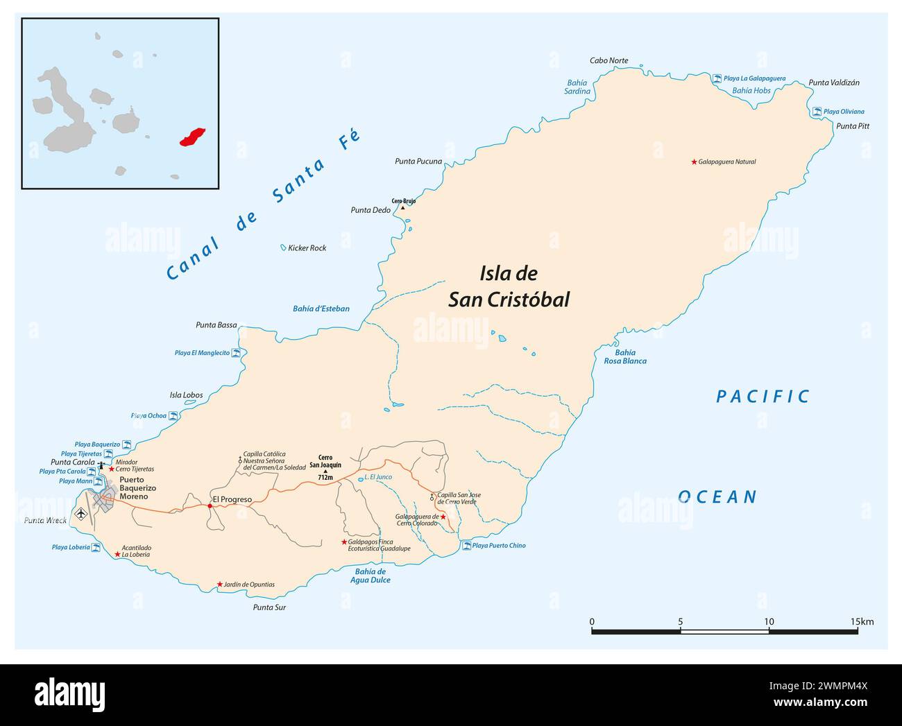 Vector map of the Ecuadorian island of San Cristobal, Galapagos Islands Stock Photo