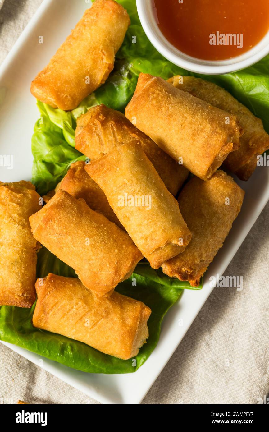 Chinese Deep Fried Vegetable Egg Rolls with Dipping Sauce Stock Photo
