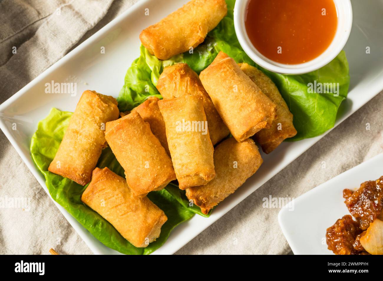 Chinese Deep Fried Vegetable Egg Rolls with Dipping Sauce Stock Photo