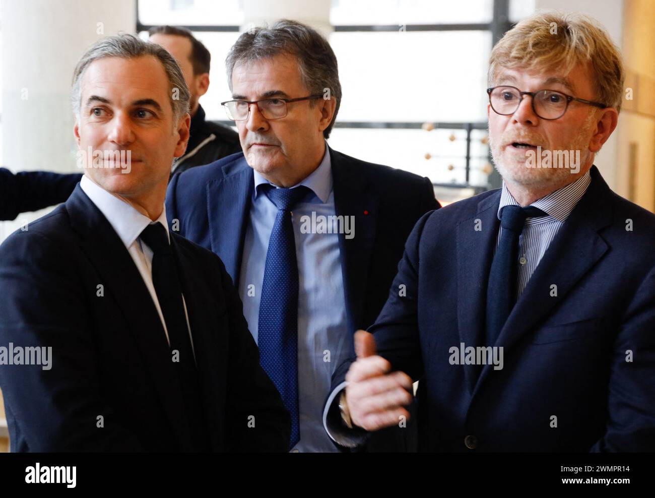 Paris, France. 27th Feb, 2024. Chief Executive of French bank Credit Agricole, Philippe Brassac, President of the French Banking Federation, Nicolas Namias and Minister for Agriculture and Food Sovereignty Marc Fesneau duing a meeting of the French Banking Federation to address support measures for the agricultural sector in Paris, France, on February 27, 2024. Photo by Vernier/JBV NEWS/ABACAPRESS.COM Credit: Abaca Press/Alamy Live News Stock Photo