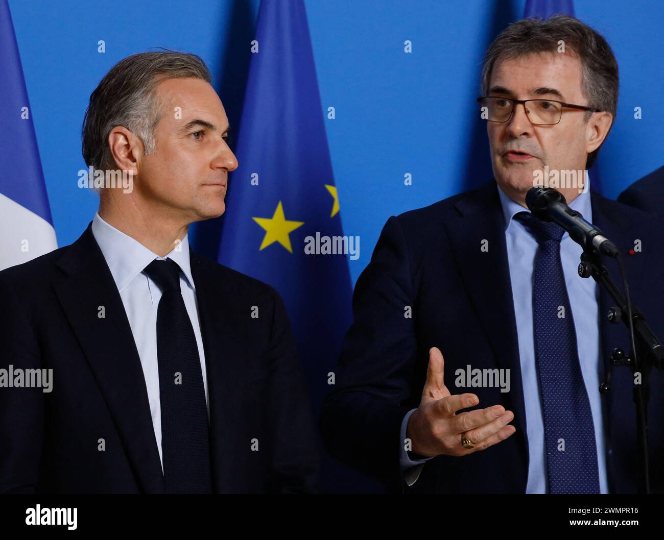Paris, France. 27th Feb, 2024. Chief Executive of French bank Credit Agricole, Philippe Brassac delivers a press conference flanked by President of the French Banking Federation, Nicolas Namias following a meeting of the French Banking Federation to address support measures for the agricultural sector at Bercy, in Paris, France, on February 27, 2024. Photo by Vernier/JBV NEWS/ABACAPRESS.COM Credit: Abaca Press/Alamy Live News Stock Photo